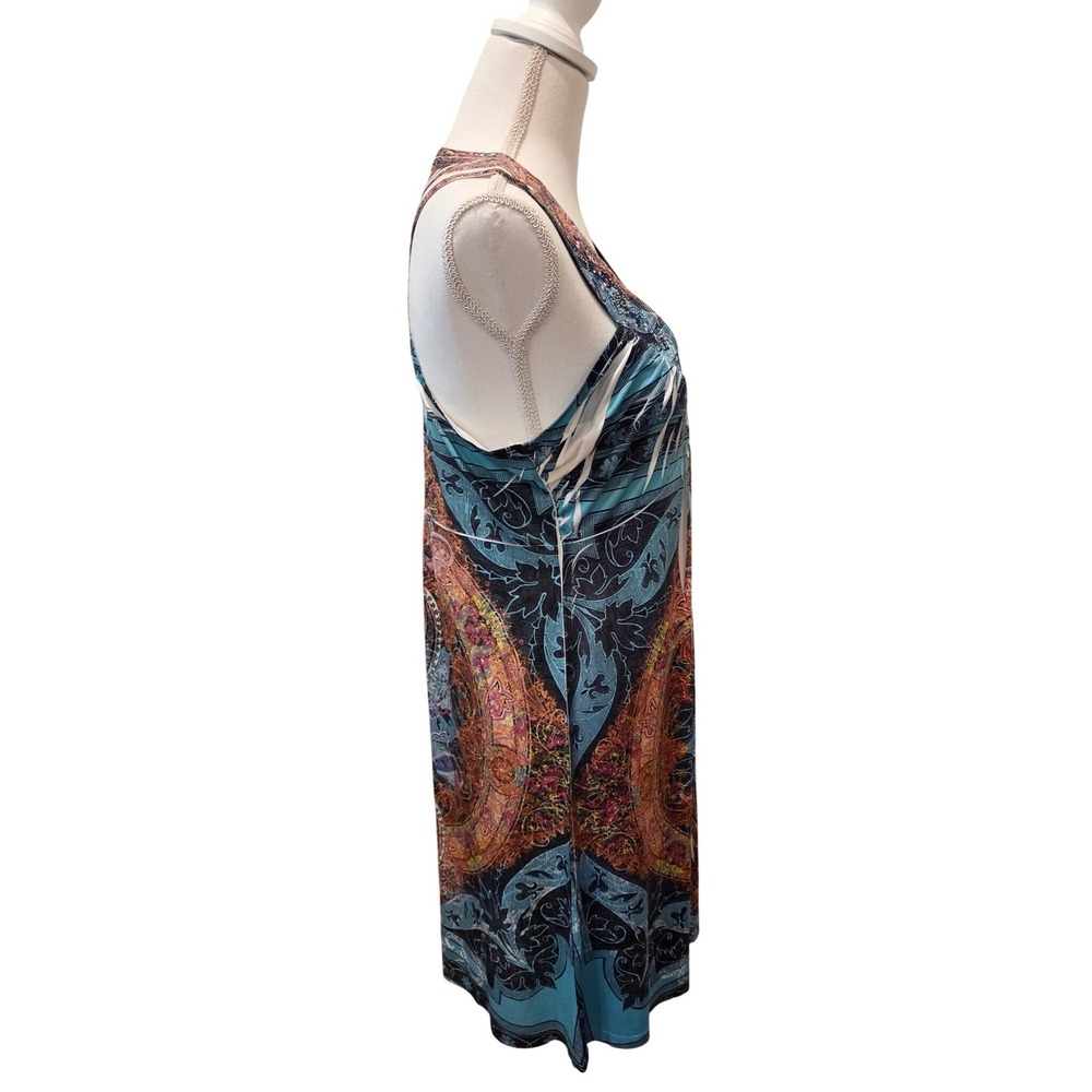 One World Paisley Rhinestone V-Neck  Dress‎ Blue Medium Boho Hippie Festival - Picture 5 of 10